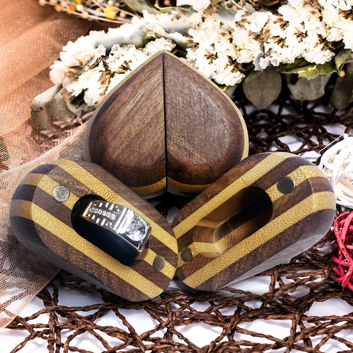 muchly Heart Shaped Wedding Ring Box for Proposal-Handmade Wood Engagement Ring Box-Rustic bearer box-Vintage ring box for wedding(Black and yellow)… muchly