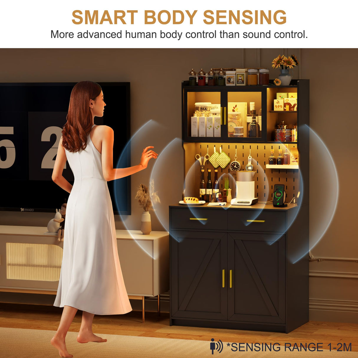 MDGC LED Kitchen Pantry Cabinet with Outlets, Farmhouse Storage Cabinet with Drawers & Adjustable Shelves, 64" Tall Cupboard with Pegboard & Hooks for Dining Room (Black) MDGC