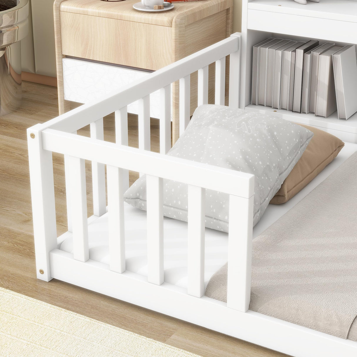 Harper & Bright Designs Twin Floor Bed with Bedside Bookcase, Shelves, Guardrails, Wood Montessori Bed with Storage, White Harper & Bright Designs