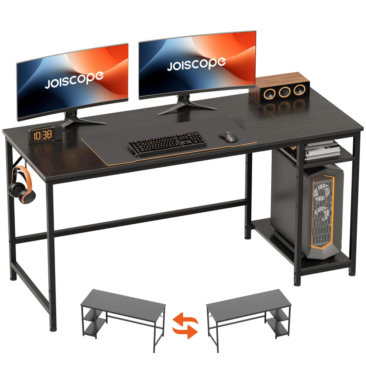 JOISCOPE Home Office Desk with Double Reversible Side Shelves and Headphone Hooks, Computer Desk for Working, Gaming, Studying, 60 inches, Black JOISCOPE