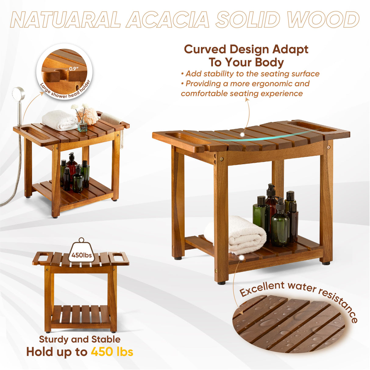 BLUEWEST Shower Bench Seat with Storage Shelf, Natural Wood Shower Benches for Inside Shower to Sit on, Waterproof Bathroom Spa Bench Stool for Legs Shaving with Built-in Handle & Shower Head Holder BLUEWEST