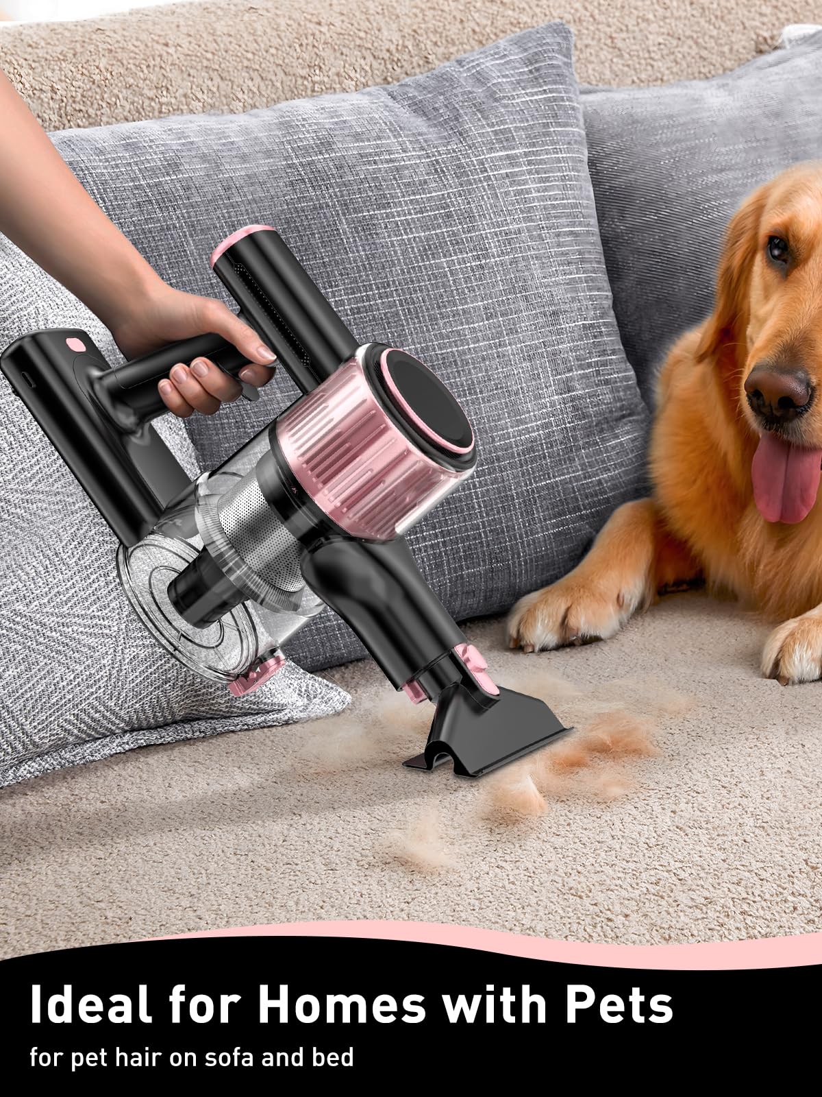 VICEASE Cordless Vacuum Cleaner, 8 in 1 Powerful Suction Lightweight Vacuum Cleaner for Home, LED Display, 3 Suction Modes, 45Mins Detachable Battery Vacuum for Hard Floor Carpet Pet Hair, Pink VICEASE