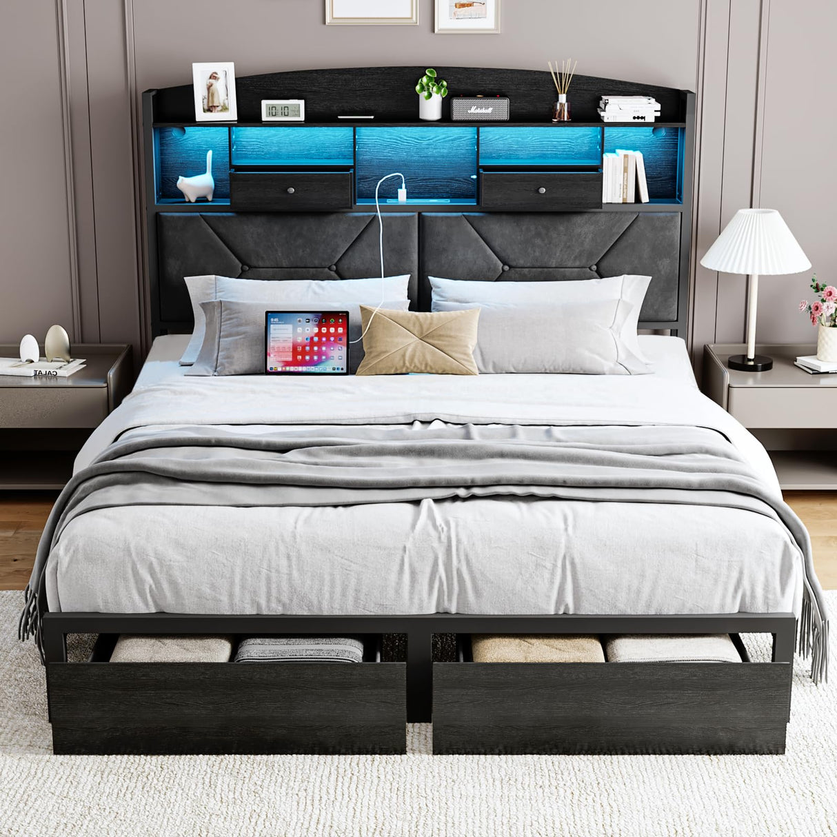 DOGIBIXO Queen Size Black Bed Frame with 4 Storage, Upholstered Velvet Platform Bed Frames with Button Tufted Headboard Led Lights, Wooden Slats Support, No Box Spring Needed, Black DOGIBIXO