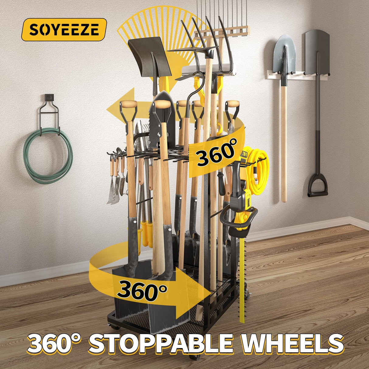 SOYEEZE Garden Tool Organizer with Lockable Wheels, Heavy Duty 3-Tier Yard Tower Tool Rack for Garage, Holds Up to 35 Long-Handled Tools, Garden Tool Cart with 12 Hooks for Tool Organization Storage SOYEEZE