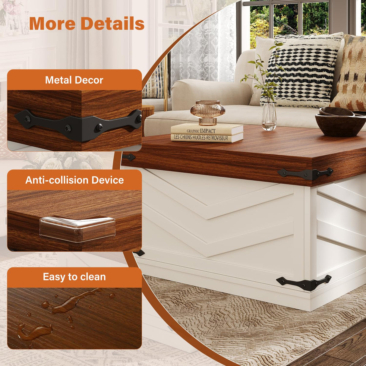 UNIQUITE 31.5'' Lift Top Coffee Table, Sliding Top Square Center Table with Large Hidden Storage Organizer, Multi-Functional Farmhouse Coffee Tables for Living Room, Bedroom, Home Office, White UNIQUITE