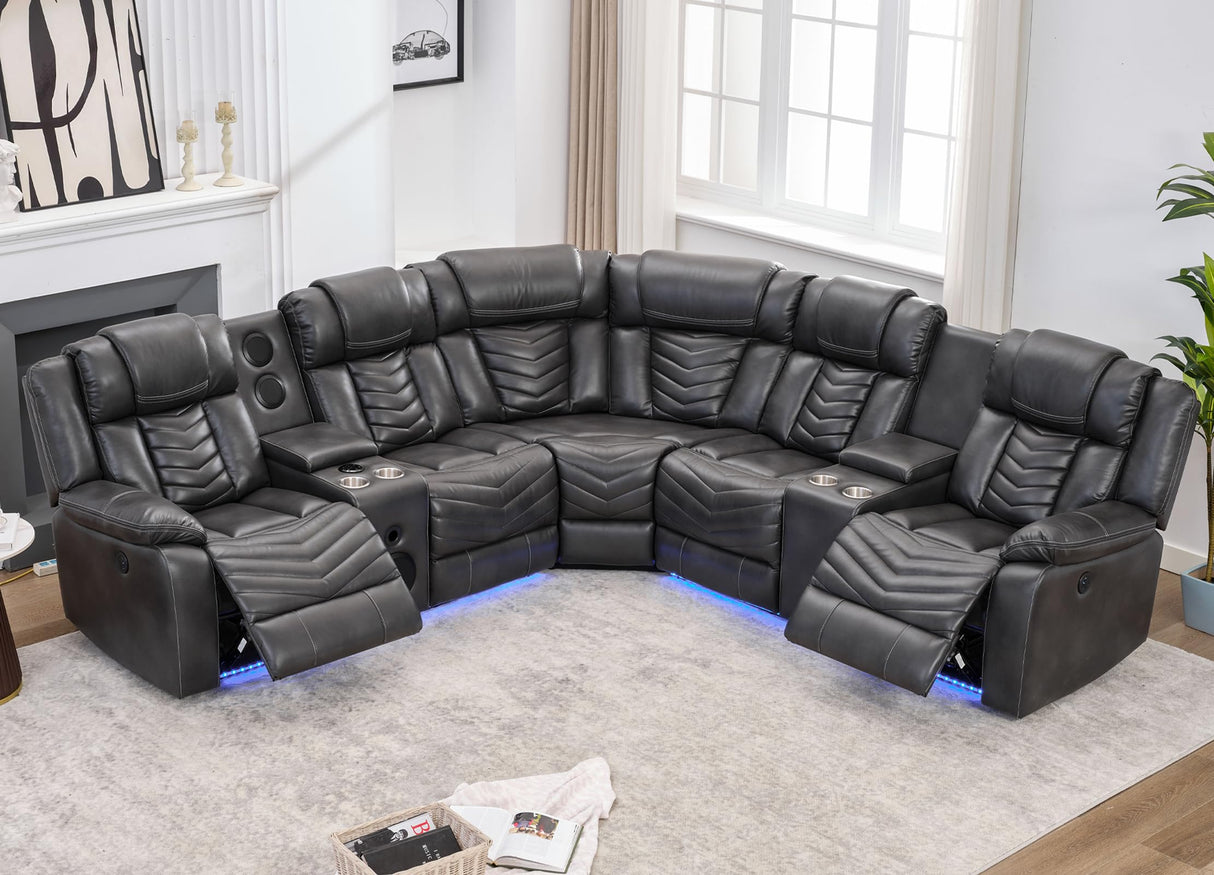 Comfort Stretch Power Recliner Sectional Sofa Couches with Bass Speakers for Living Room, Faux Leather Reclining Corner Sectionals Sofa Couch Sets with LED Light, Electric Theater Recliners Home,Grey Comfort Stretch