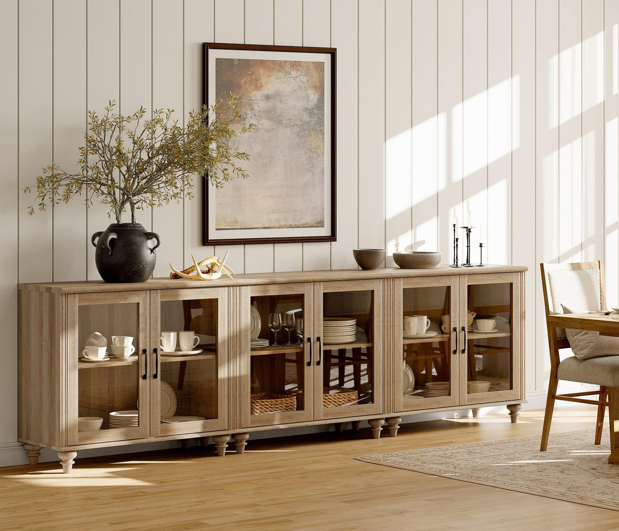 WAMPAT 100 Inch TV Stand with Glass Door, Wood TV Cabinet Entertainment Center for 75/80/85 Inch TV, 3-in-1 Kitchen Buffet Cabinet with 6 Storage Cabinets for Dining Room & Living Room, Oak WAMPAT