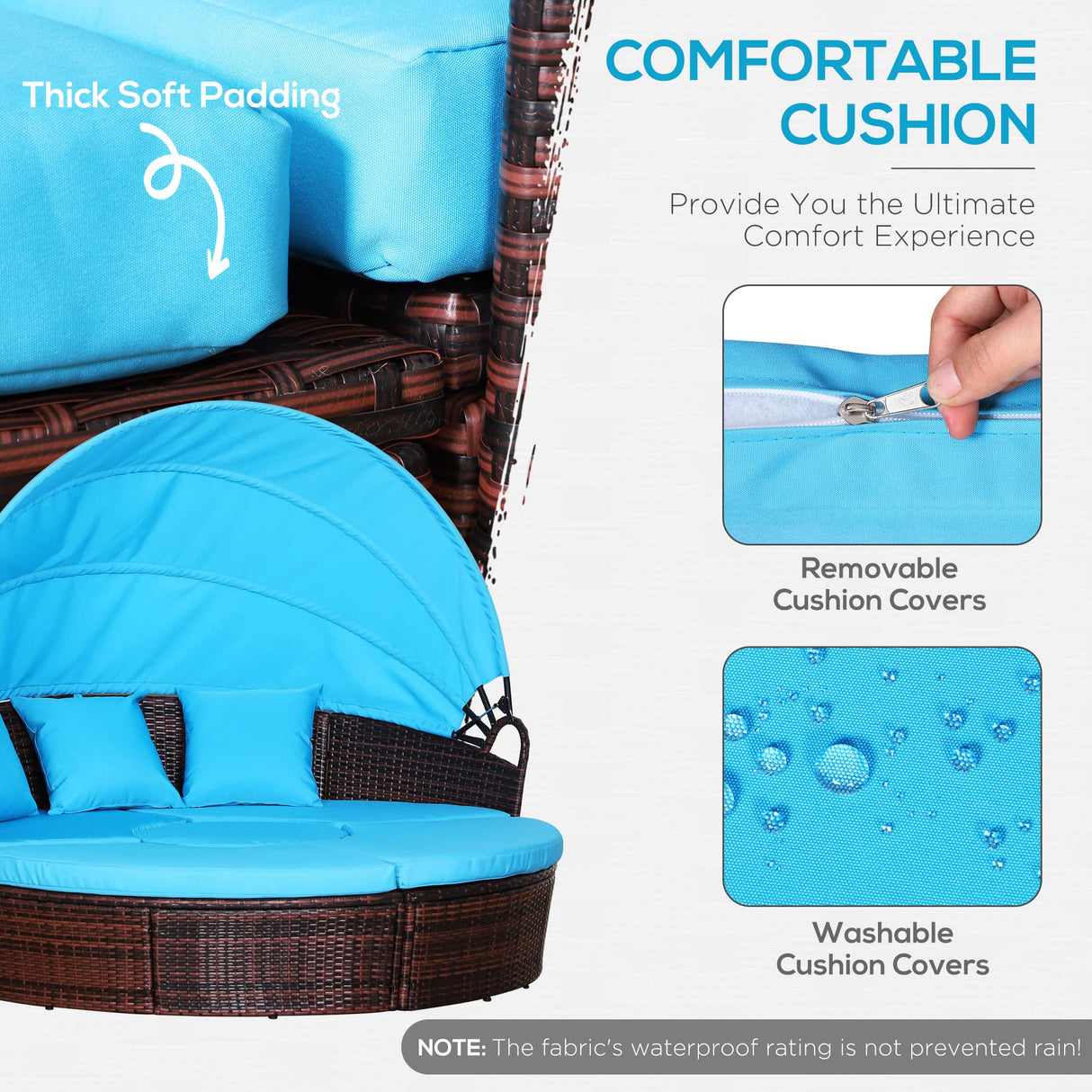 Outsunny 4-Piece Round Convertible Daybed with Cushions, Outdoor PE Rattan Patio Wicker Sofa Set, Sunbed with Adjustable Sun Canopy, Sectional Sofa, 2 Chairs, Table, 3 Pillows, Light Blue Outsunny