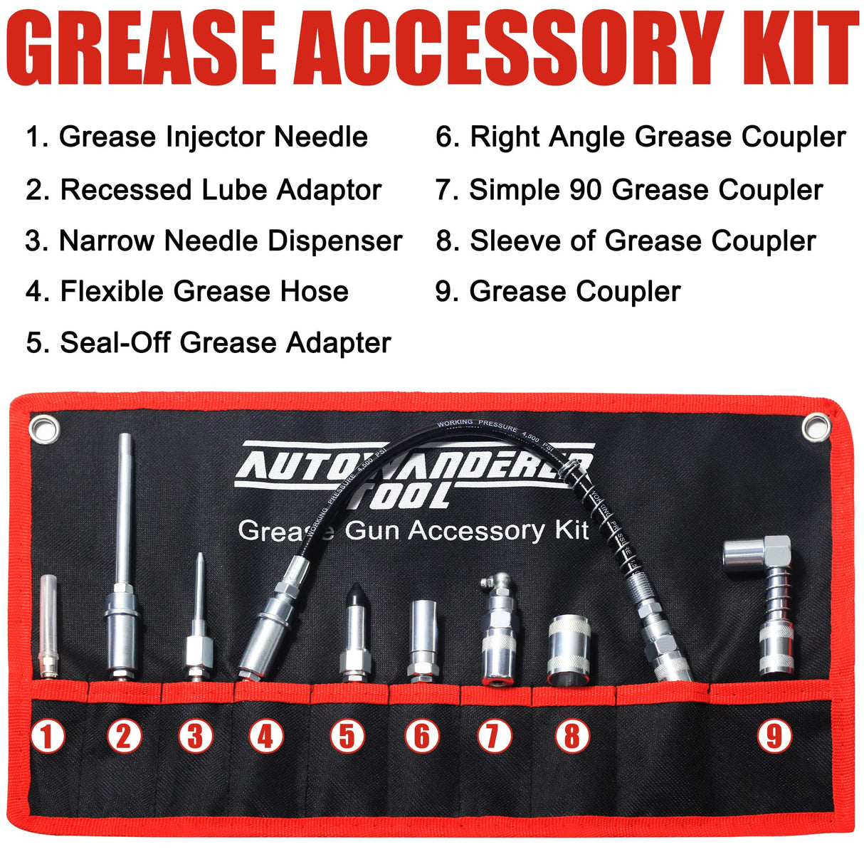 AutoWanderer Tool Grease Gun Tip | 9-Piece Grease Coupler Kit Quick Connect Grease Gun Fittings | Complete Lube Accessories with Pouch AutoWanderer Tool