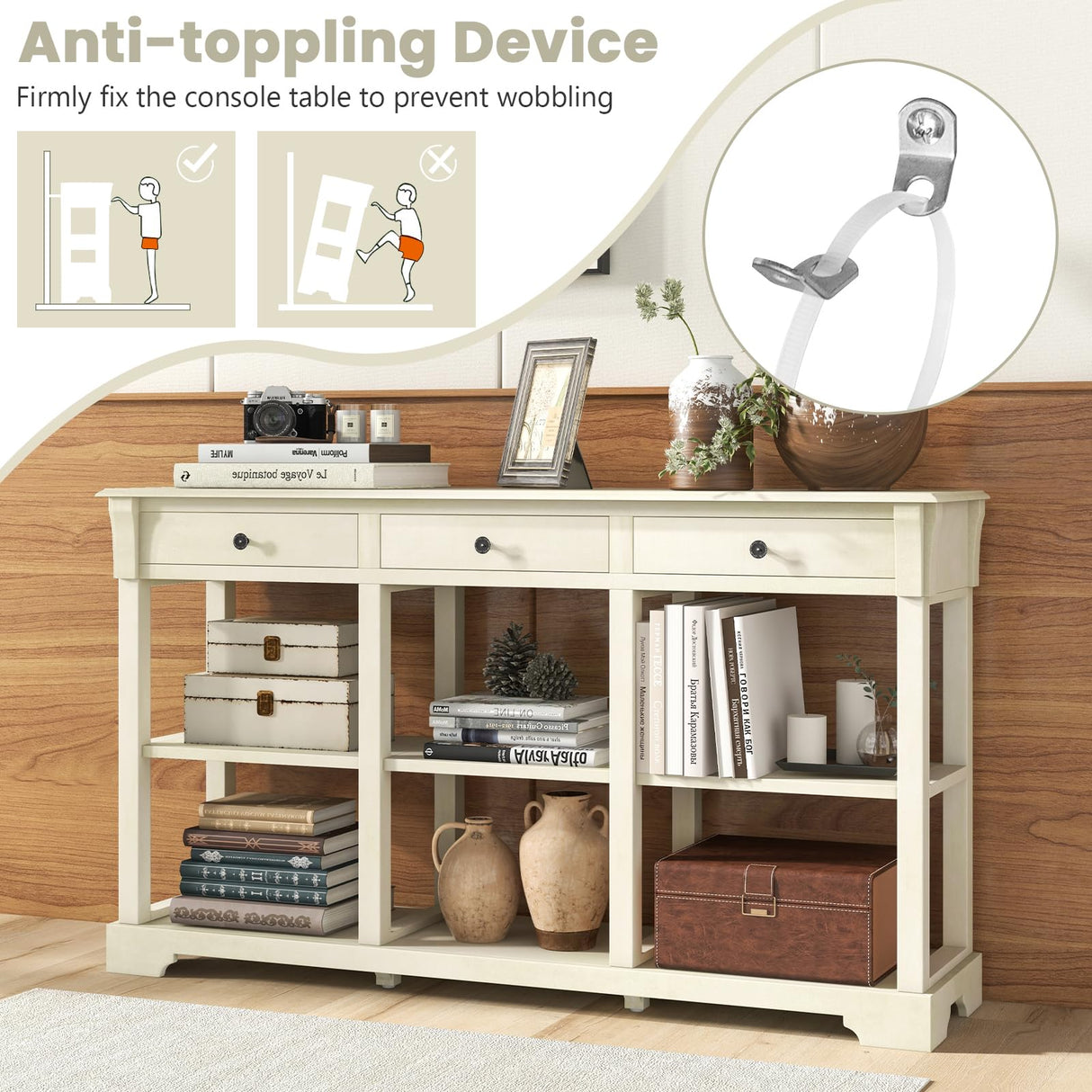 Giantex Console Table with Storage, 58” Long Sofa Table with 3 Drawers & Open Shelves, Solid Wood Legs, Narrow Entryway Table, Vintage Behind Couch Table for Living Room Hallway, Entry Table, Beige Giantex