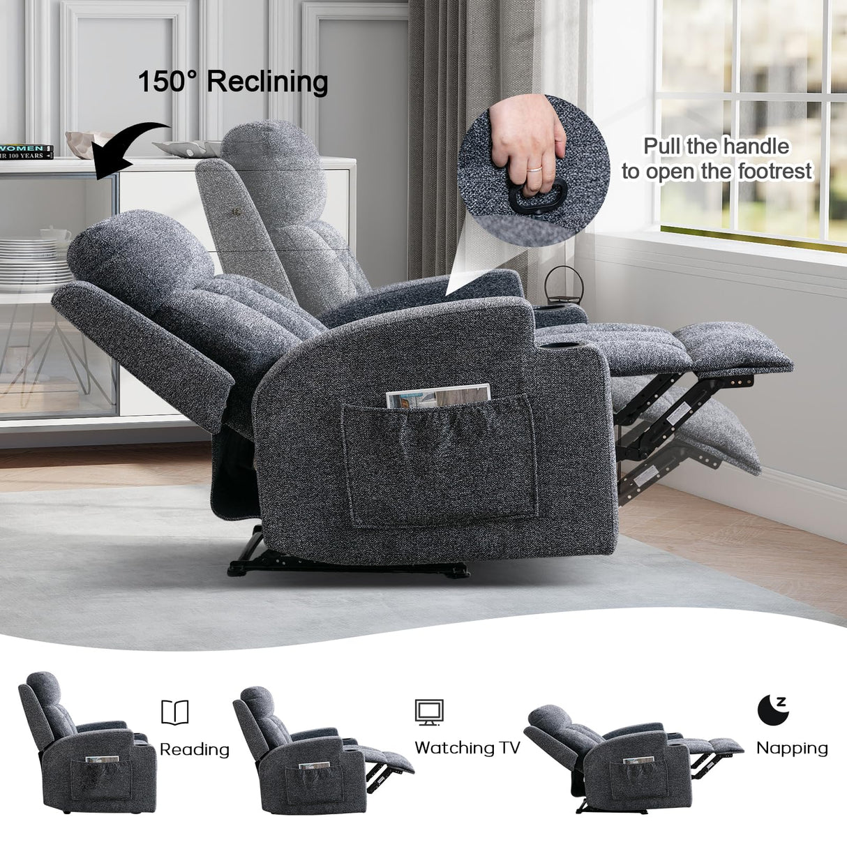 CANMOV Manual Recliner Chair with Massage and Heat,Soft Fabric Recliner Chair with Overstuffed Arm and Back, Manual Reclining Single Sofa with 2 Cup Holders, Side Pocket for Living Room,Dark Grey CANMOV