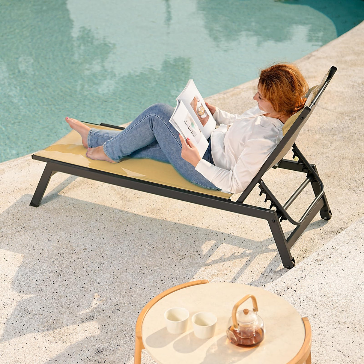 HOMSHADE Outdoor Aluminum Lounge Chair -Set of 2 with 5 Position Adjustable Backrest, Textilene Fabric, Two Wheels, Headrest for Pool, Beach, Beige (No Table) HOMSHADE