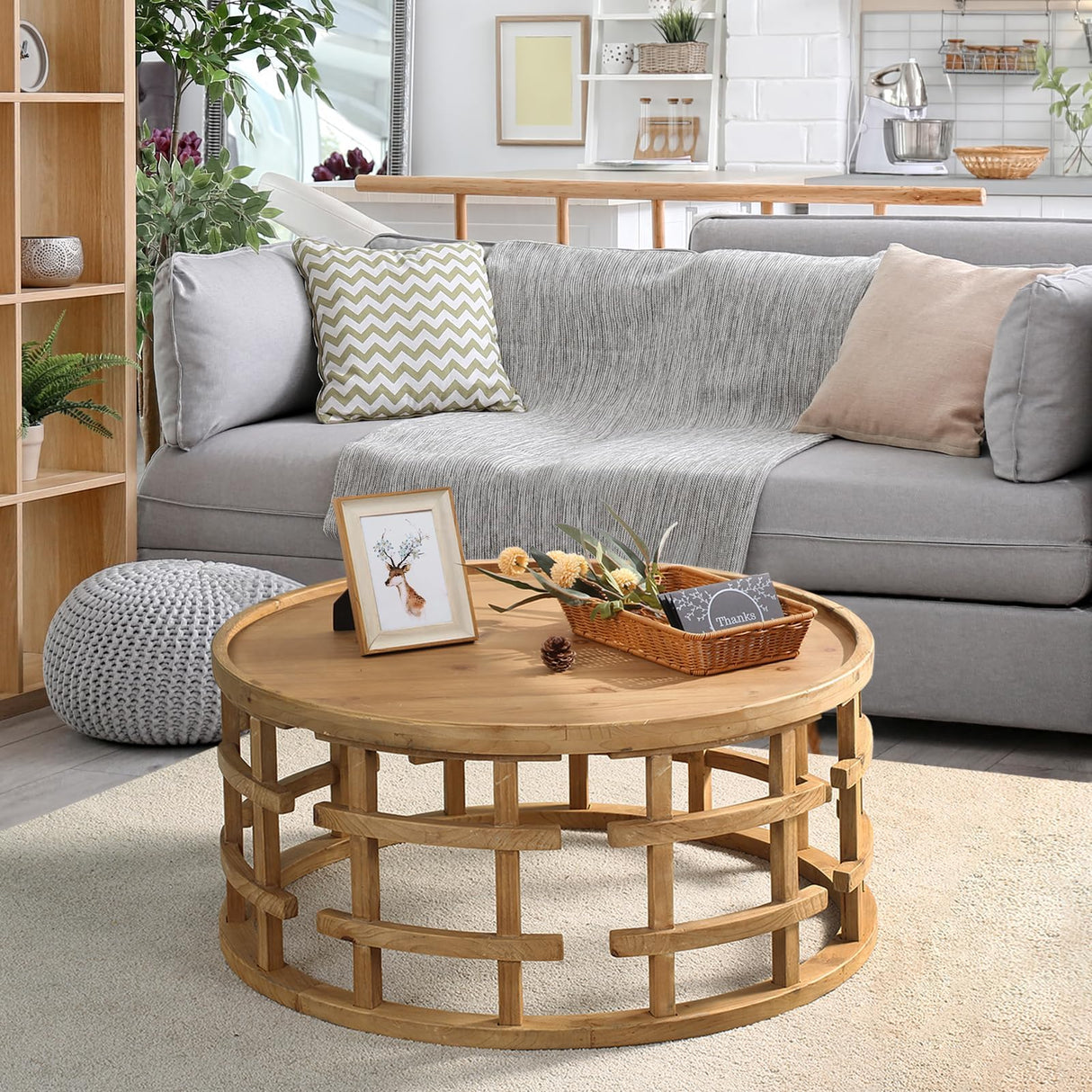 RUSTOWN Farmhouse Round Coffee Table, French Country Sofa Tables,Rustic Soild Wood Finish with Openwork Pattern and Curved Frame Base, Boho Handcrafted Wooden Coffee Table for Living Room, Natural RUSTOWN