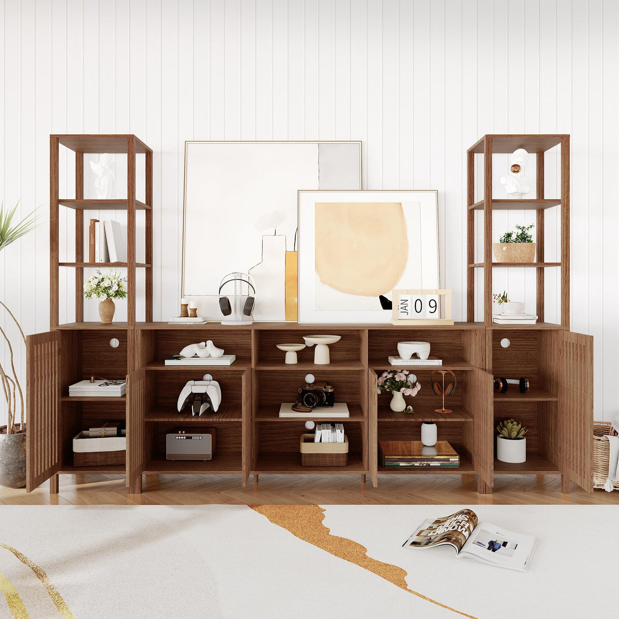 Entertainment Center with Bookshelves, Farmhouse TV Stand for 70 Inch TVs, TV Stands for Living Room w/Adjustable Shelves & Storage Cabinet, Modern Console Cabinet for Bedroom Home Theater HomeEterna