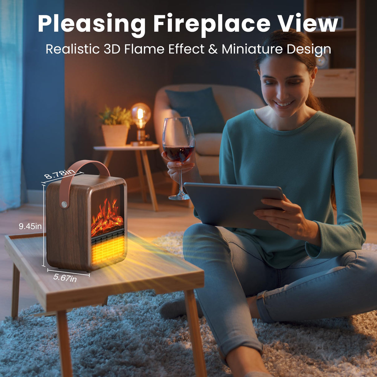Riseon Small Portable Space Heater for Indoor use with Realistic 3D Flame, Mini Electric Fireplace Heater with Thermostat, 1500W/750W PTC Ceramic Heating, Tip-Over Safety Switch, Walnut Riseon