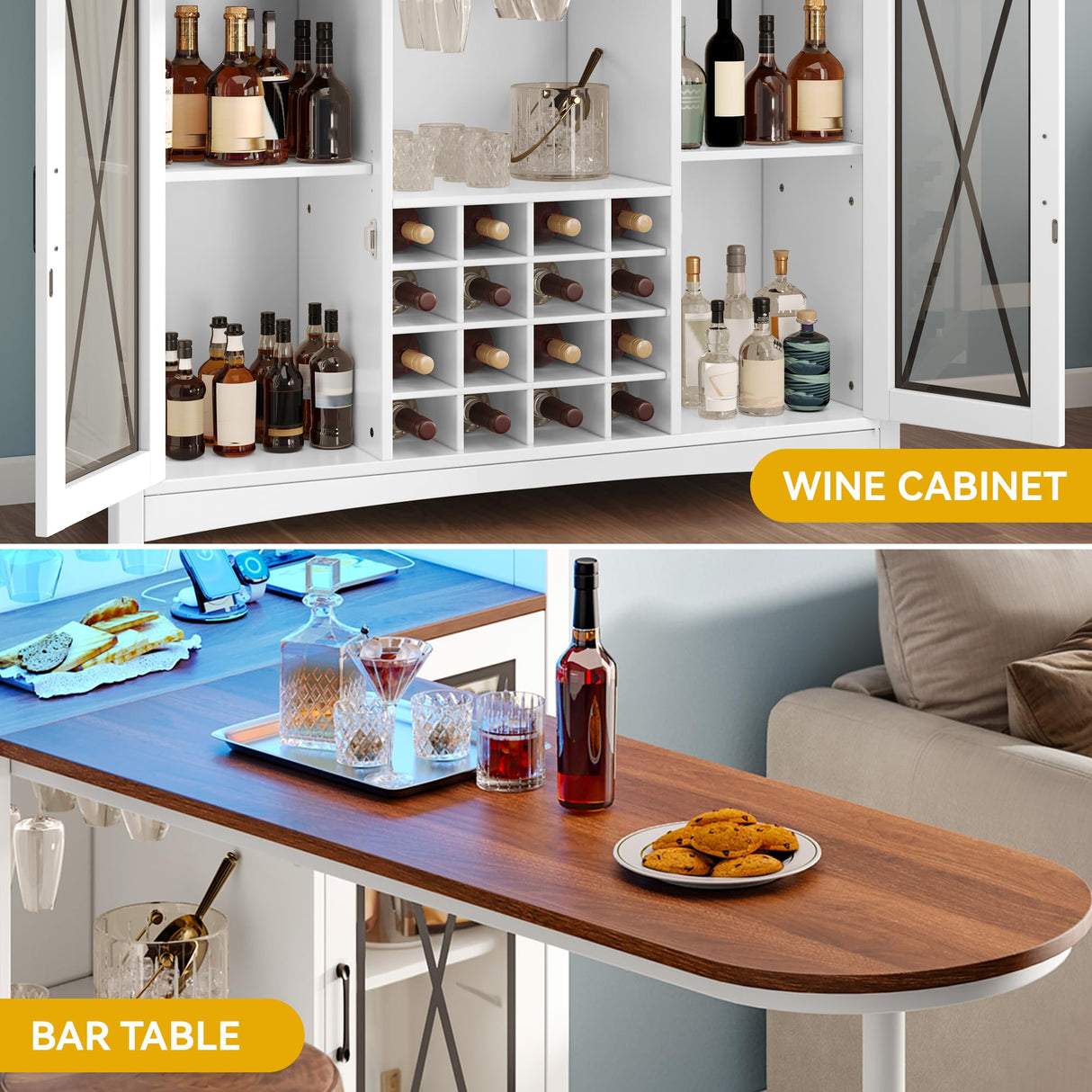 DWVO Home Bar Unit with LED Lights & Wine Cabinet, Farmhouse Bar Cabinet with Wine Storage, Mini Bar Table Coffee Cabinet with Glasses Holder Hanger Footrest for Home Kitchen Pub, White&Walnut DWVO