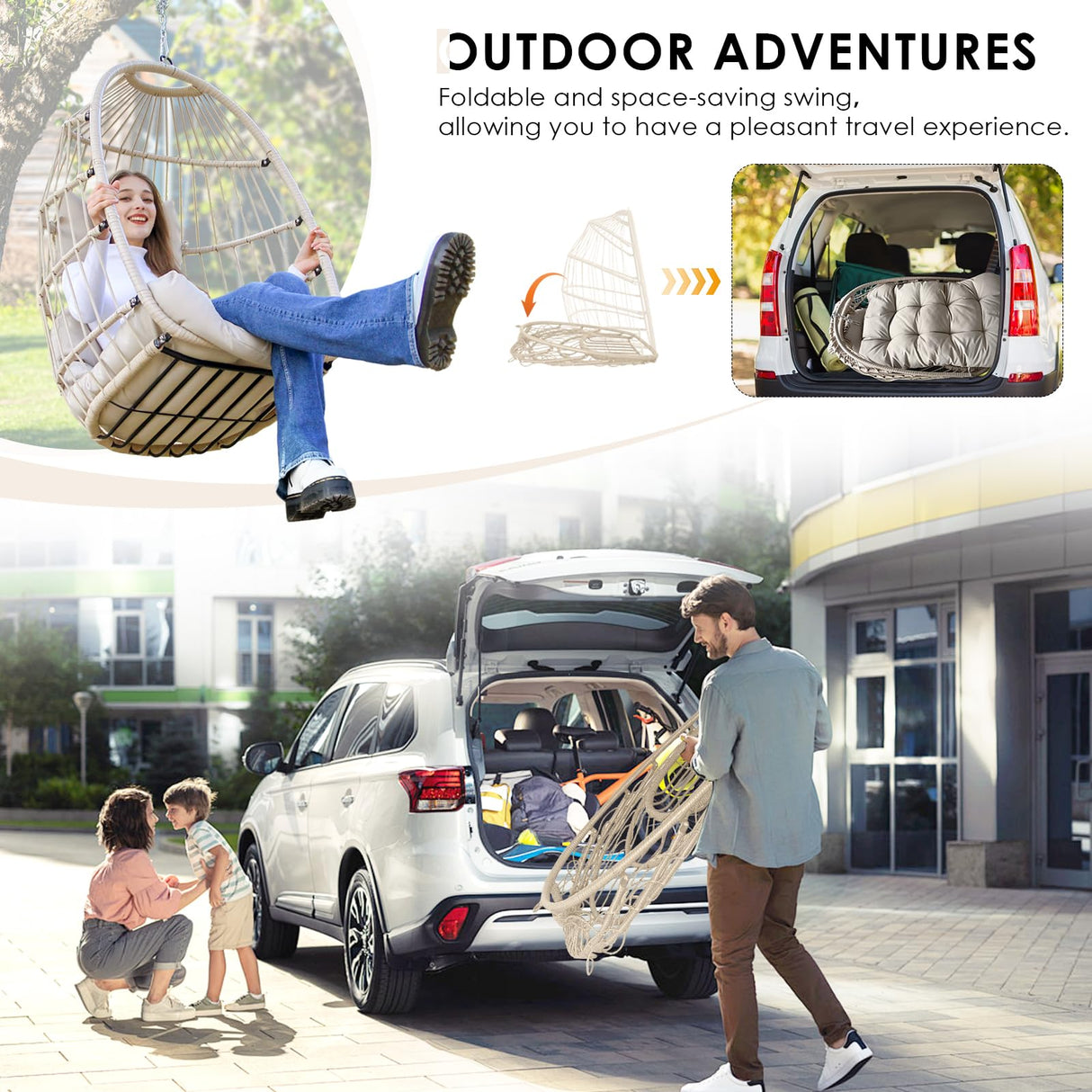 RADIATA Foldable Hanging Egg Chair Without Stand, Rattan Swing Chair with Cushion and Pillow, Wicker Hammock Chair for Indoor Outdoor Bedroom Patio Garden (Beige) RADIATA