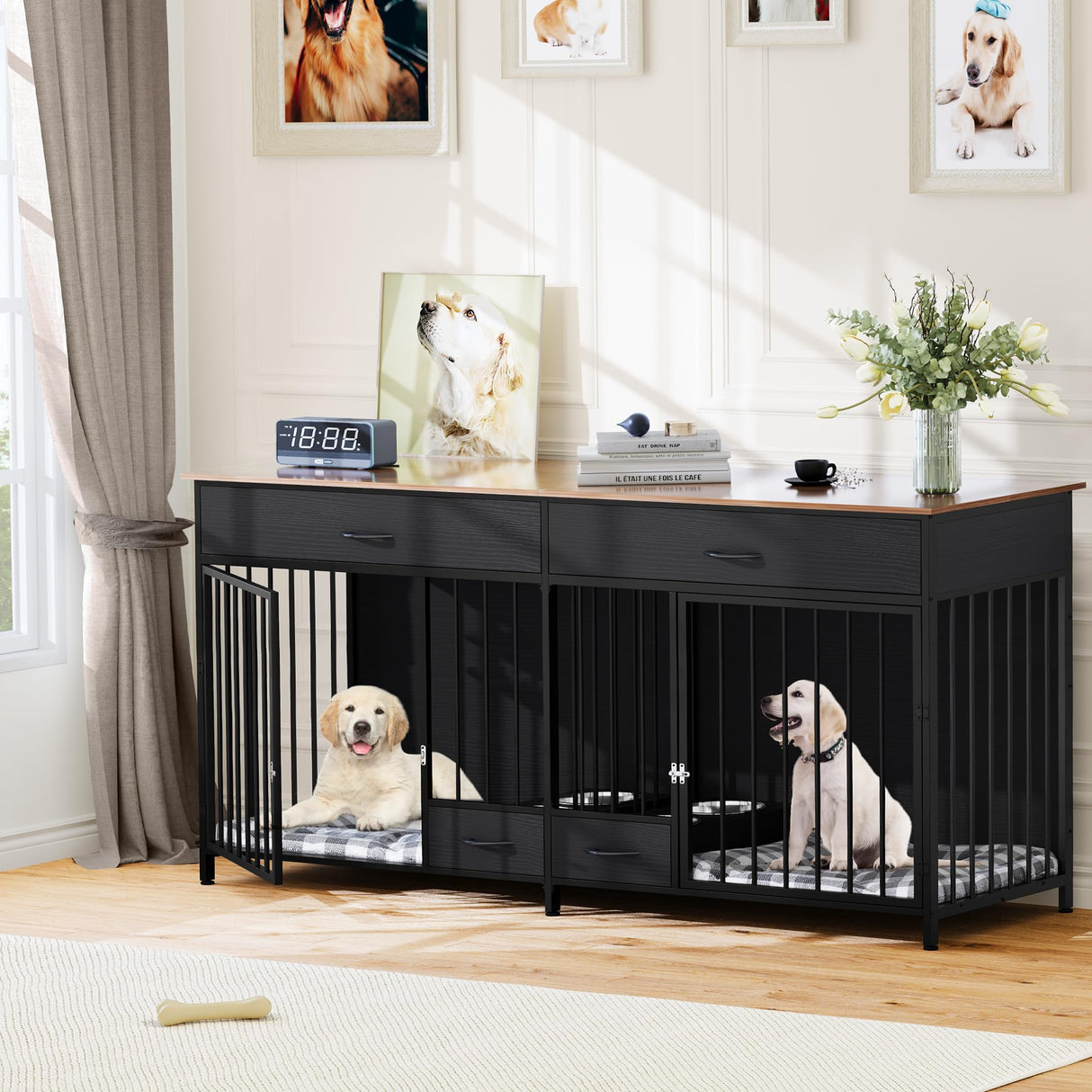 YITAHOME Double Dog Kennel Furniture TV Stand,Indoor Dog Crate Furniture Large Breed with Storage&Dog Feeder, 74.8" Inch Wooden Decorative Dog Kennel YITAHOME