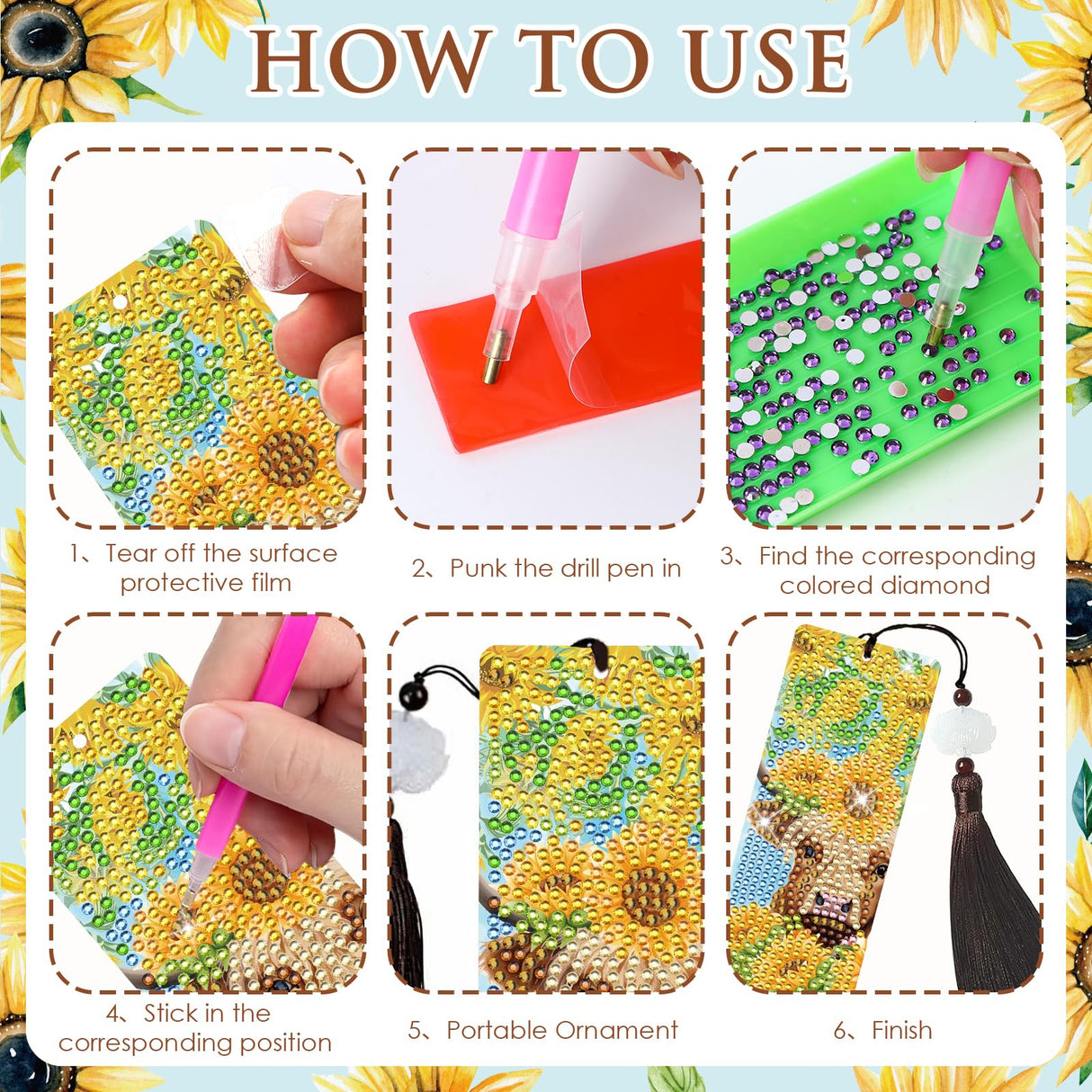 INCOK Diamond Painting Bookmarks Set - 8PCS Highland Cow 5D Diamond Art Bookmarks Kit with Tassel Sunflower Bookmarks Set for Highland Cow Lover Office Useful Project DIY Crafts Gifts Teacher INCOK