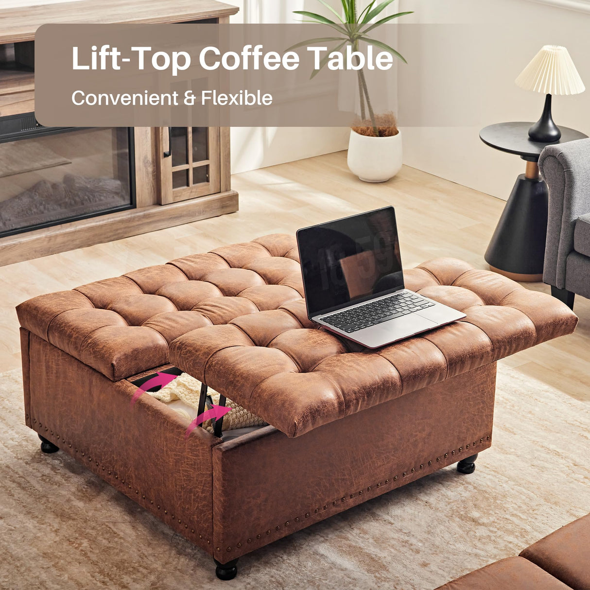 Redlife 35 Inch Large Square Storage Ottoman Bench, Storage Ottoman Coffee Table Large Square Ottoman with Storage Lift Top Tufted Storage Ottoman for Living Room (Brown Leathaire) Redlifeᅟᅠ