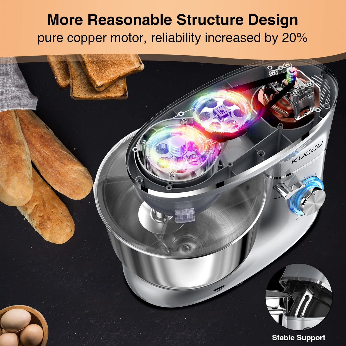 KUCCU Stand Mixer, 6.5 Qt 660W, 6-Speed Tilt-Head Food Dough Mixer, Kitchen Electric Mixer with Stainless Steel Bowl,Dough Hook,Whisk, Beater, Egg white separator (6.5-QT, Silver) KUCCU