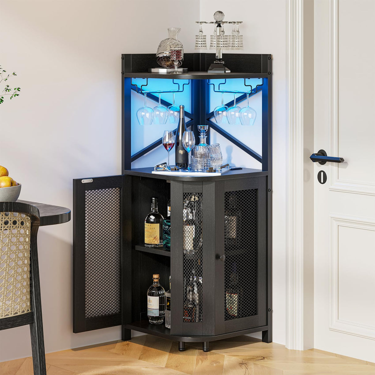 Lafnest Corner Bar Cabinet with Power Outlet and LED Light, Industrial Wine Cabinet with Glass Holder, 4-Tier Liquor Cabinet for Home, Farmhouse Home Bar for Liquor and Wine Storage, Black Lafnest
