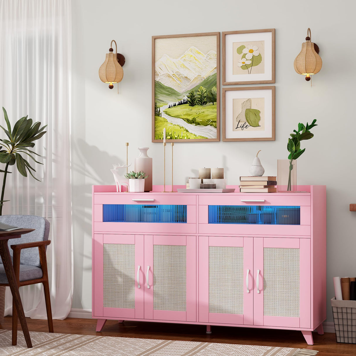 Sideboard Buffet Cabinet With LED Light & Power Outlet, Kitchen Storage Cabinet With 2 Acrylic-Board Drawers & 4 Rattan Doors, Coffee Bar Cabinet Wood Buffet Table for Kitchen, Dining Room (Pink) GarveeHome