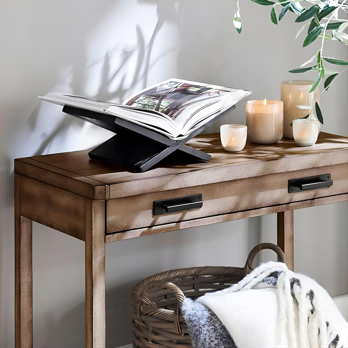 Honygebia Solid Wood Book Stands - Cross Frame Black Oak Wooden Book Holder, Open Bookstand for Display and Reading, Suitable for Art, Bible, Cookbook, Easel, Magazine, Textbooks Honygebia