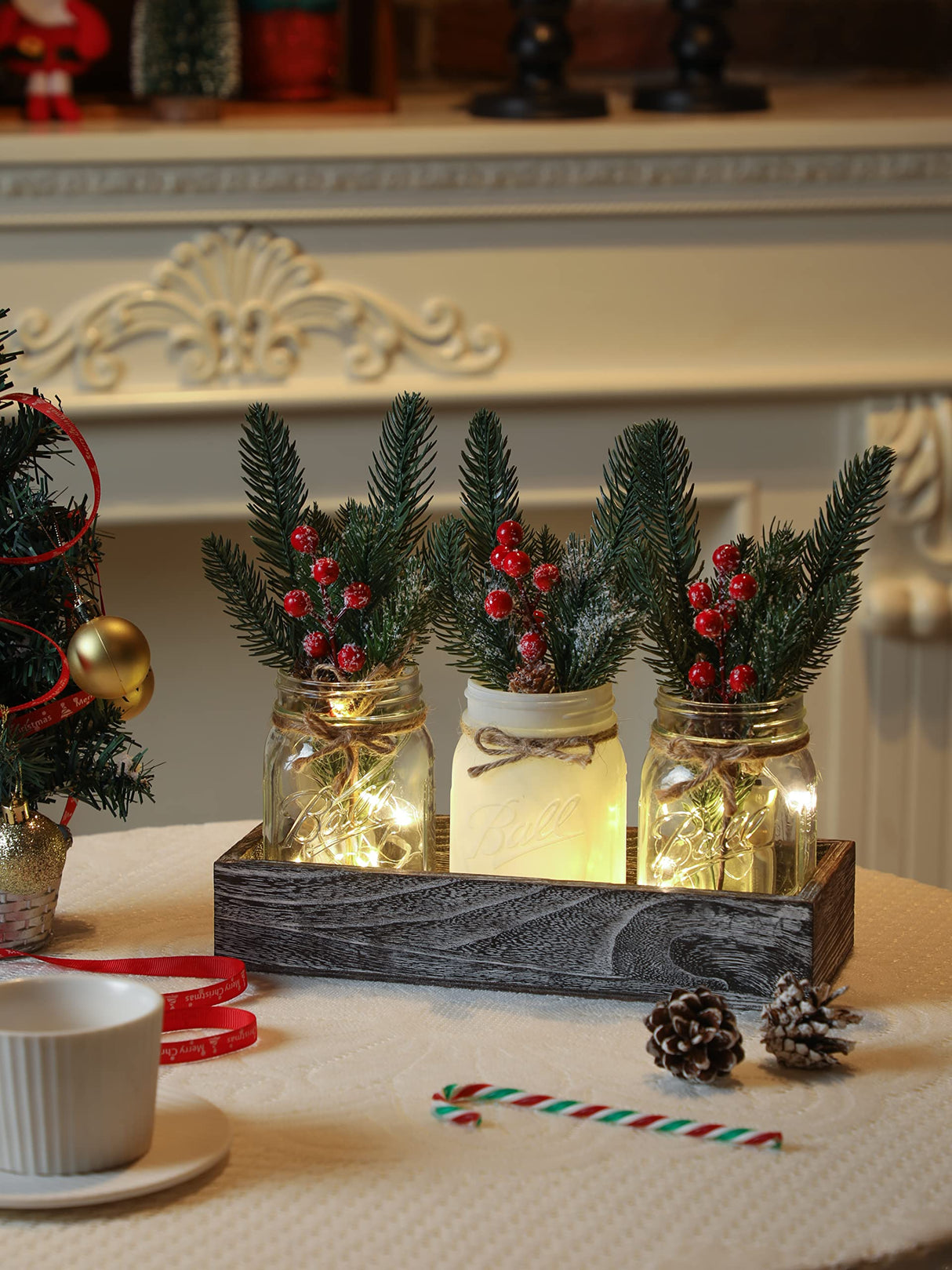 Christmas Mason Jar Centerpiece for Table with LED Lights & Artificial Plants, Set of 3 Farmhouse Decorative Mason Jars for Christmas Home Decor, Winter Kitchen Dining Table Centerpiece Maracco