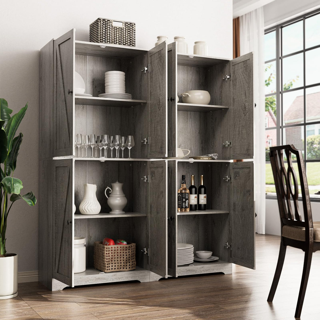 LYNSOM Farmhouse Storage Cabinet 72" Tall, Kitchen Pantry Cabinet with 4 Barn Doors and Adjustable Shelves, Freestanding Storage Cabinets for Kitchen, Grey LYNSOM