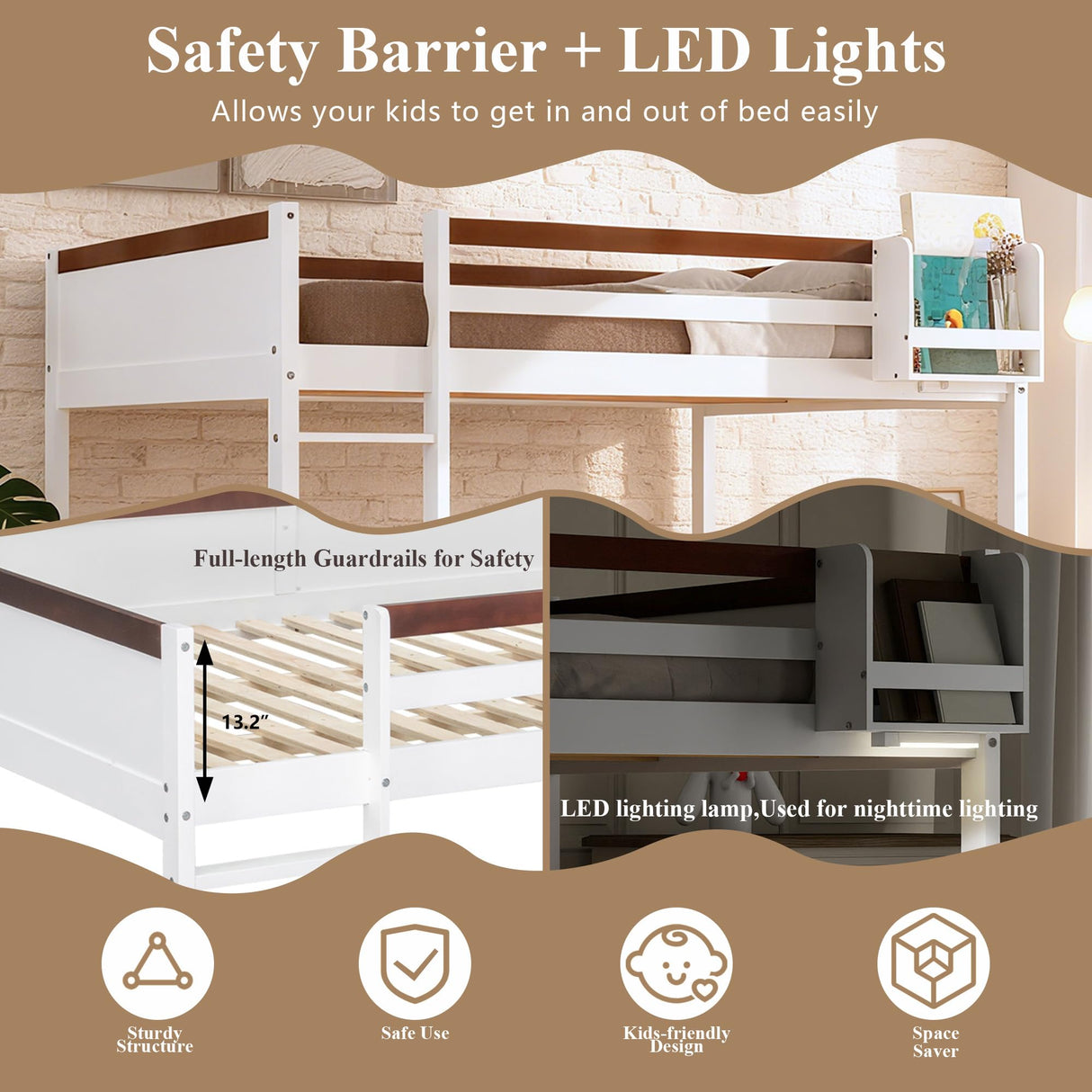 Harper & Bright Designs Low Bunk Bed with Storage Shelves, Wood Bunk Bed with USB Charging Station and LED Light, Queen Over Queen Bunk Beds for Adults, Kids, Teens, White Harper & Bright Designs