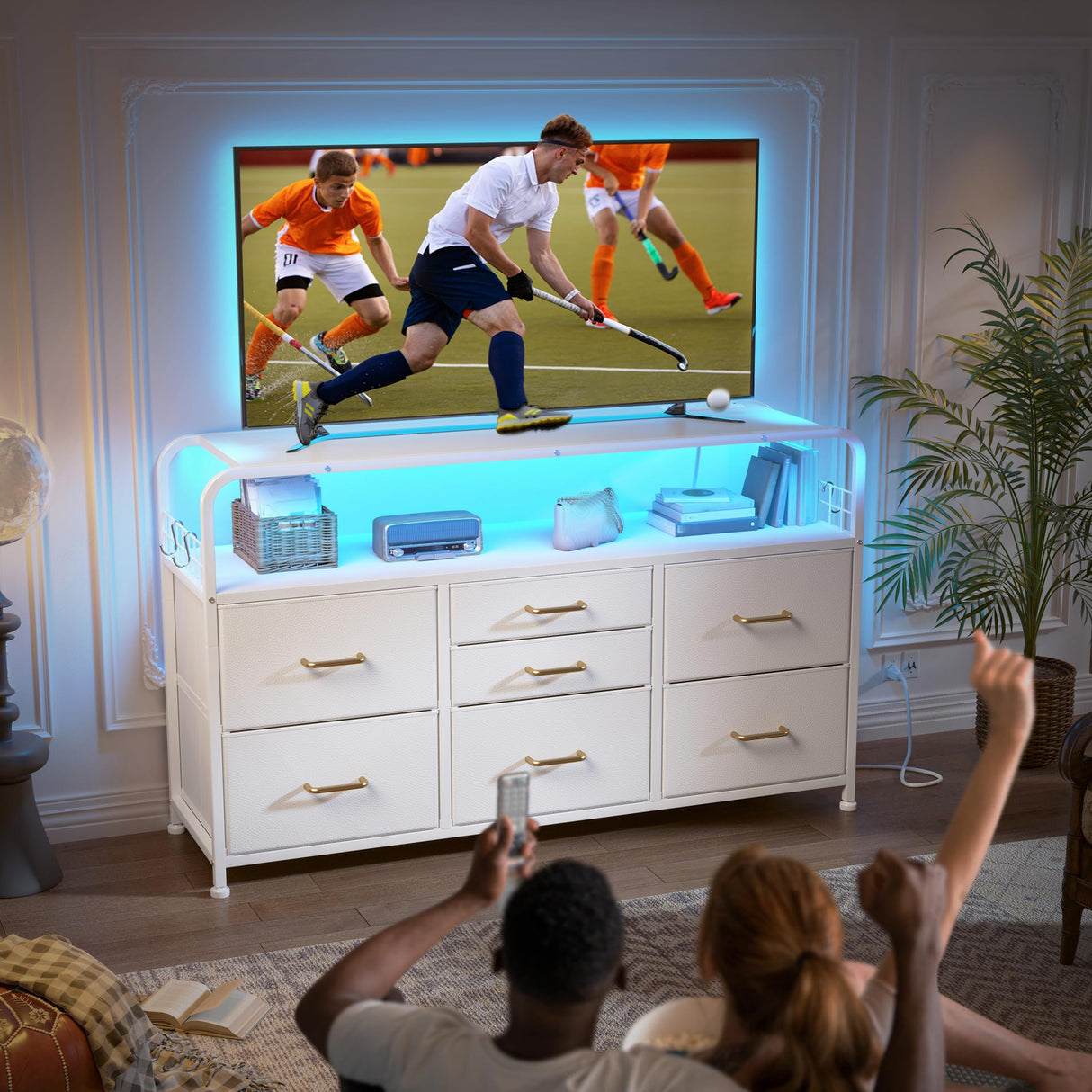 EnHomee White Dresser for Bedroom with LED Lights & Charging Station, 7 Drawer Dresser with Open Shelf, Fabric Bedroom Dressers & Chest of Drawers for Closet, Entryway, Hallway, 4 Hooks EnHomee