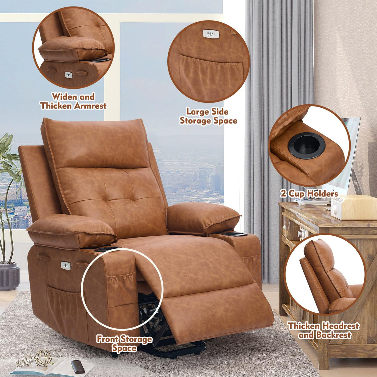 Polar Aurora Power Lift Chair for Elderly,Electric Recliner Chair with Vibrating Massage & Heating,Living Room Chair with Thickened armrest,USB Ports,2 Cup Holders,Brown Polar Aurora