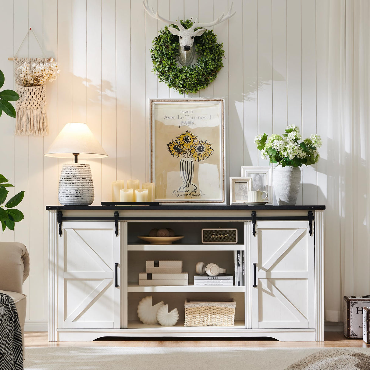 Farmhouse TV Stand for 75+ Inch TV, 32" Tall Entertainment Center w/4 Drawers & Sliding Barn Door, Rustic Media Console w/Storage Shelves, 66" Wood Television Stand for Living Room, Off White JXQTLINGMU