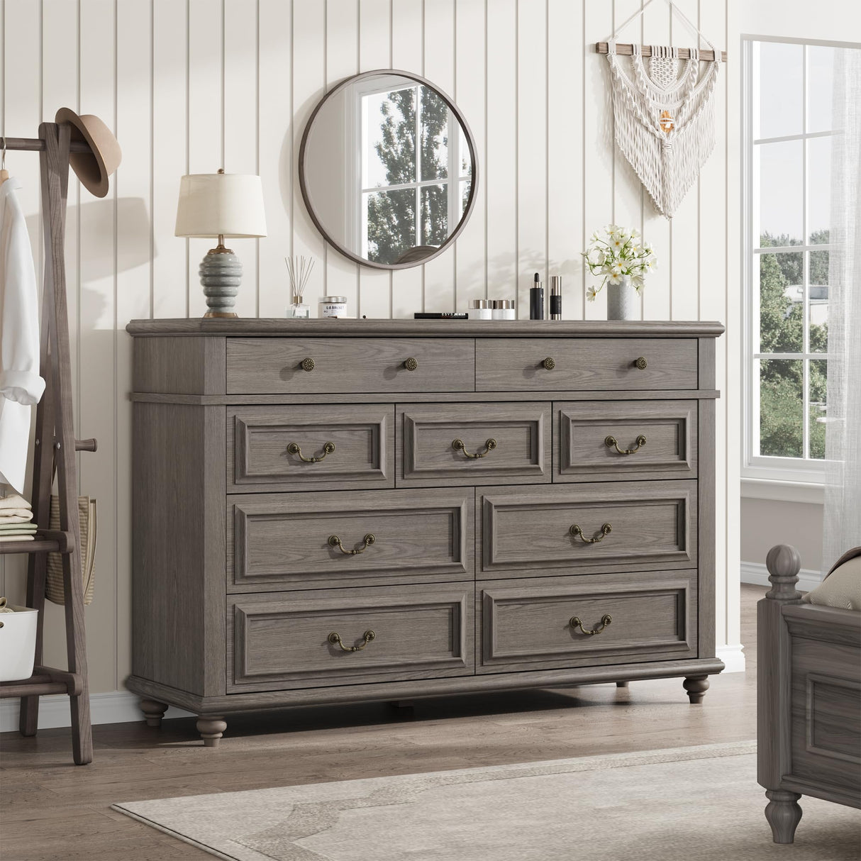 Jocoevol Farmhouse Dresser for Bedroom 9 Drawer Dresser with Deep Drawers, Tall Grey Big Large Wooden Chest of Drawers for Living Room, Hallway, Entryway (Grey, 9 Drawer) Jocoevol