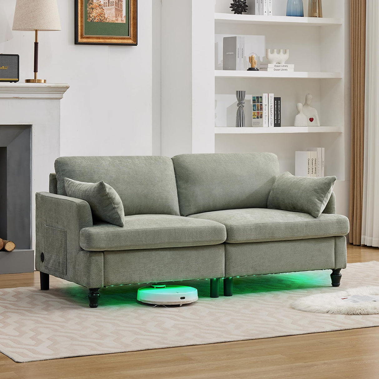 Opiesit 68.9” Loveseat Sofa Couch, Modern Comfy 2 Seat Chenille Couches, Spring Cushions & Solid Wood Frame, Small Couch with LED Light/USB Charging Function for Living Room, Bedroom, Apartment, Cyan Opiesit