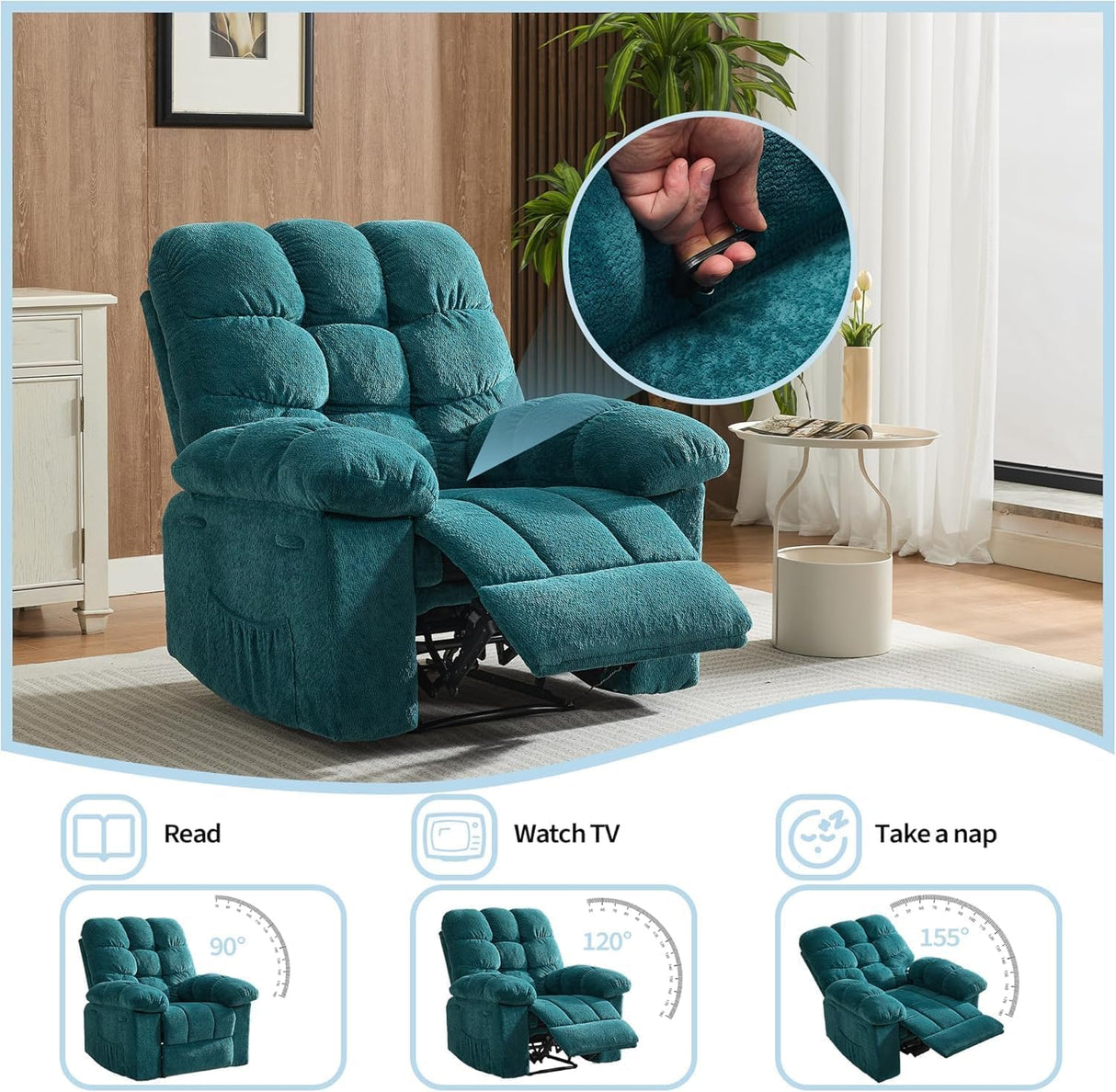 Manual Recliner Chair - Ergonomic Overstuffed Breathable Fabric Reclining Chair with Side Pockets, Q235 Steel Frame Lazy Boy Recliner Single Sofa for Living Room Bedroom(Blue) OUTGOODS
