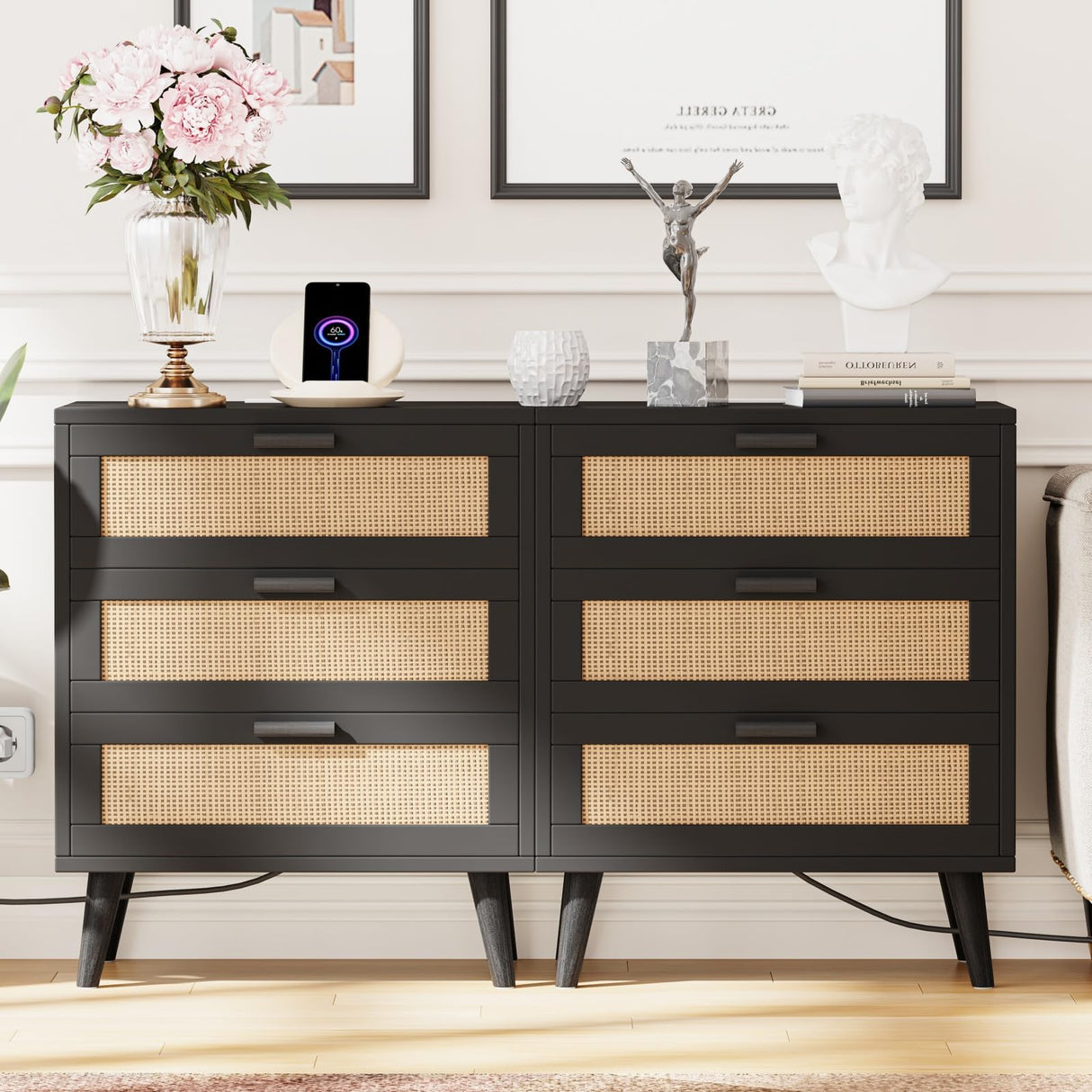 Irontar Rattan Nightstand with Charging Station, Night Stand with 3 Large Rattan Drawers, Accent End Table, Bedside Table with Solid Wooden Legs for Bedroom, Black and Natural BZZ006BME Irontar