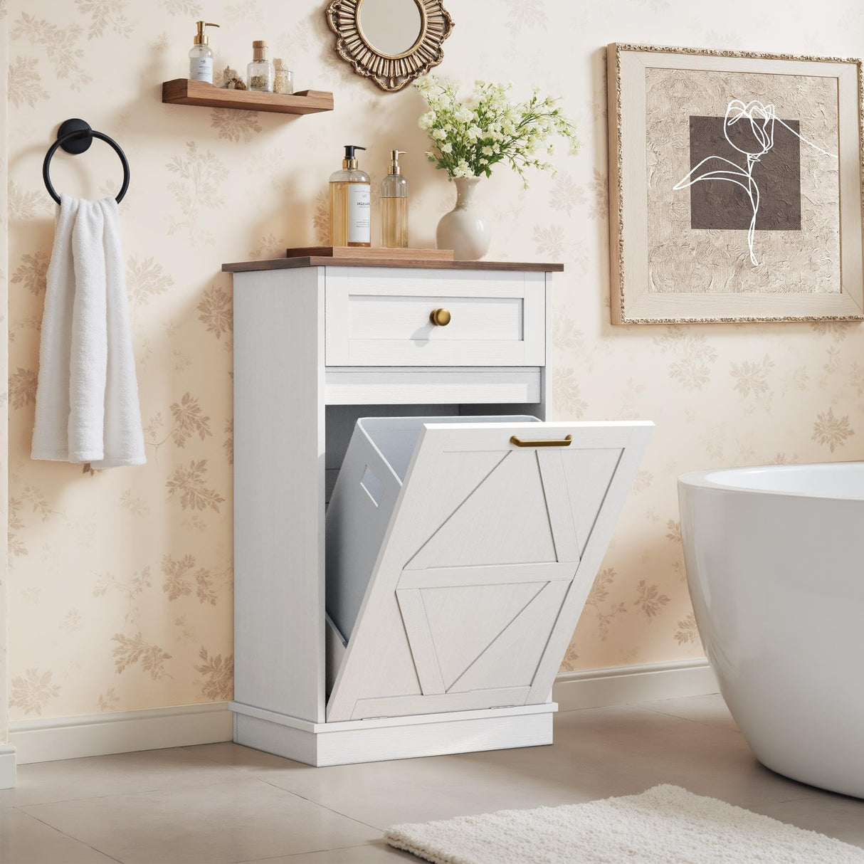 YESHOMY Tilt Out Trash Cabinet,10 Gallon Hidden Wooden Bin Cabinets, Laundry Hamper with Drawers, for Kitchen, Dining Room(Light White) YESHOMY