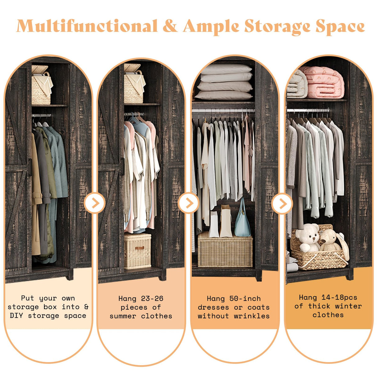 AMERLIFE Farmhouse Armoire Wardrobe Closet with 2 Barn Doors, 71'' Storage Cabinet with Hanging Rod & Shelf, Versatile Clothing Storage for Bedroom, Black Walnut AMERLIFE