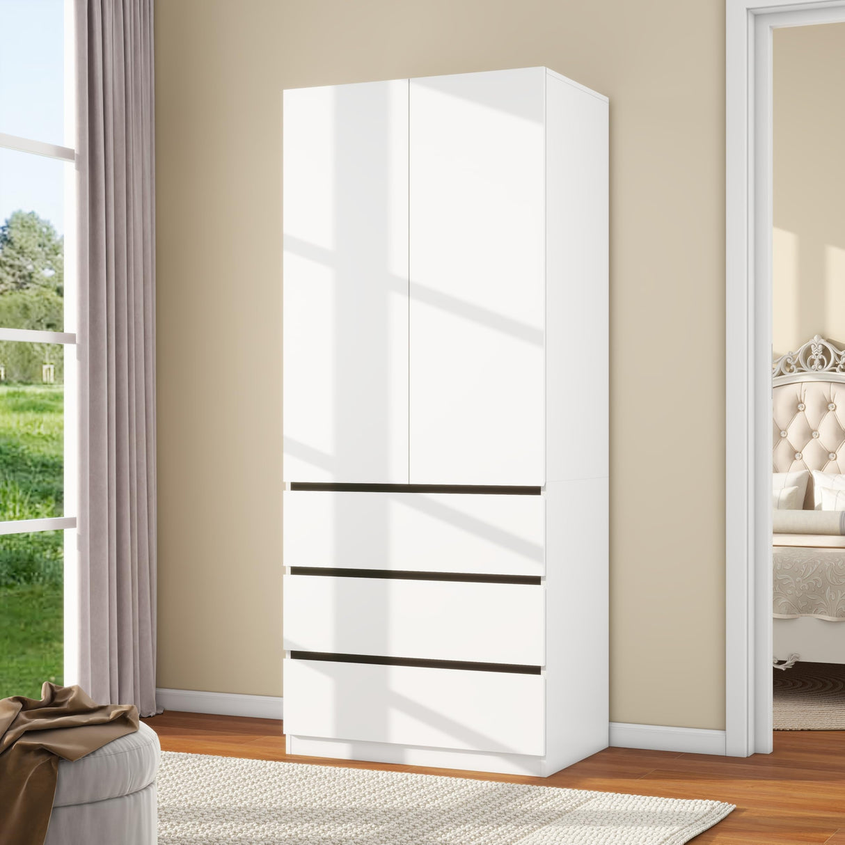 LABROSKIA Wooden Wardrobe Closet with 2 Doors: 75" Bedroom Armoire Wardrobe Closet with 3 Drawers, White Cabinet with Hanging Shelves, Large Storage Cabinet (Modern, 1) LABROSKIA