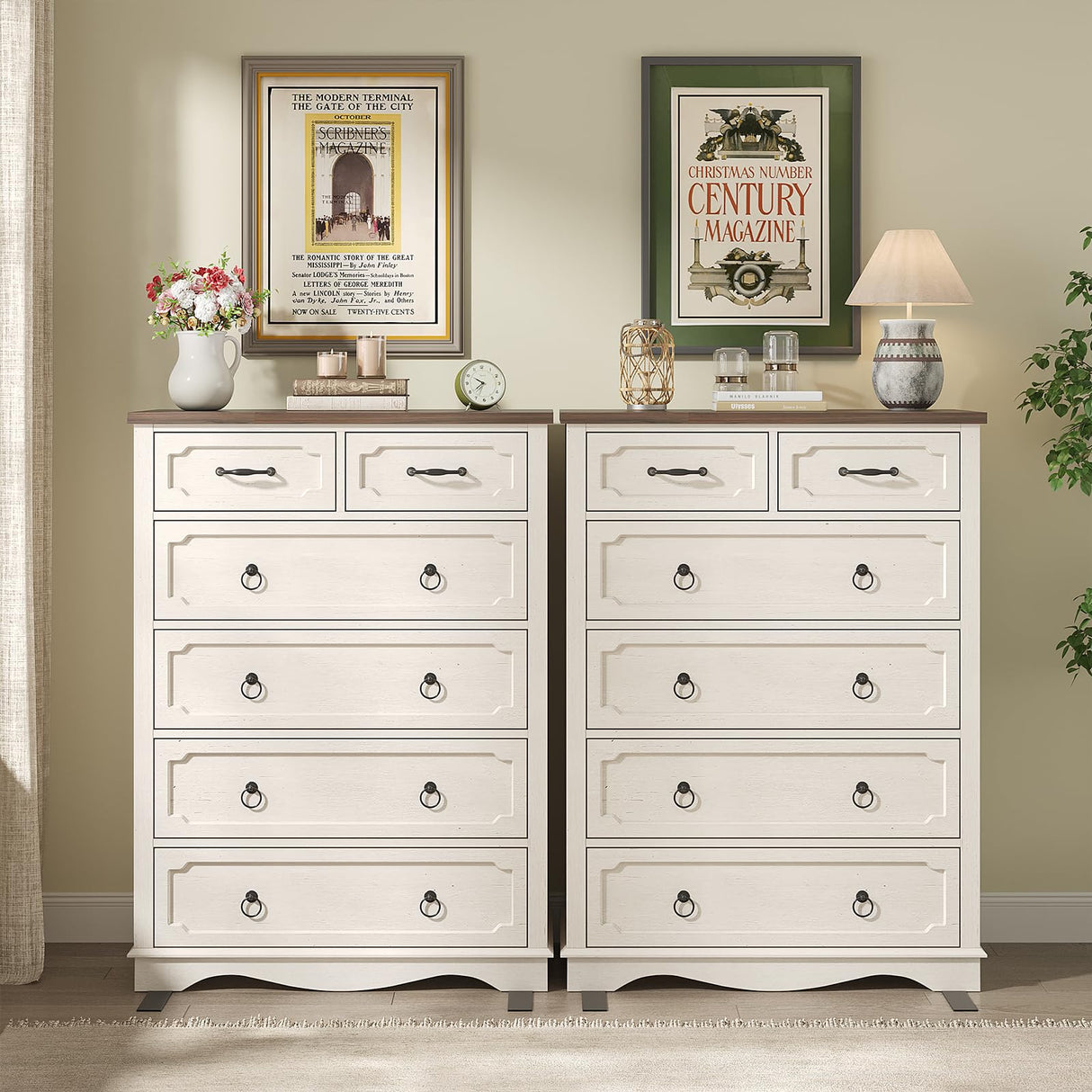 Maupvit 6 Drawer Dresser, 43" Tall Chest of Drawers for Bedroom, Farmhouse Dresser with Large Drawers & Metal Ring Pull Handles, Wood Dressers for Living Room, Hallway, Entryway, Antique White Maupvit