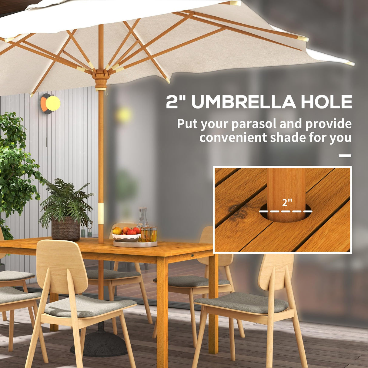 Outsunny Rectangle Patio Table for 6, Outdoor Dining Table with Umbrella Hole, Acacia Wood Table for Garden, Backyard, Deck, Natural Wood Outsunny