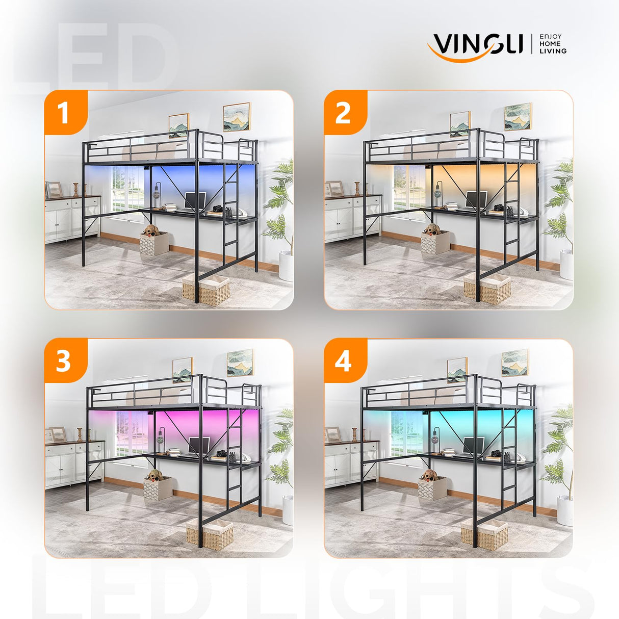 VINGLI Full Size Metal Loft Bunk Bed Frame for Kids Teens Adults with Desk Underneath,2 Charging Station,LED Lights,Safety Guardrail and Stair,No Box Spring Needed,Black VINGLI