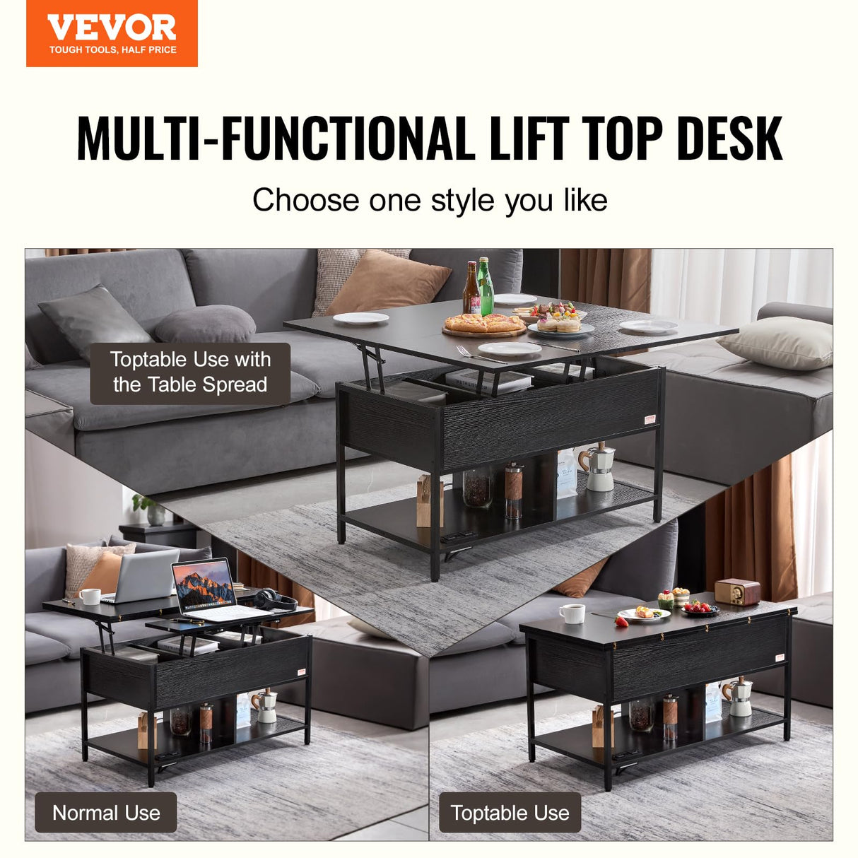VEVOR Lift Top Coffee Table, 4 in 1 Multi-Function Coffee Table with Storage and Hidden Compartment, Farmhouse Coffee Table with Power Strip & USB & LED Light for Living Room, Home Office, Black VEVOR