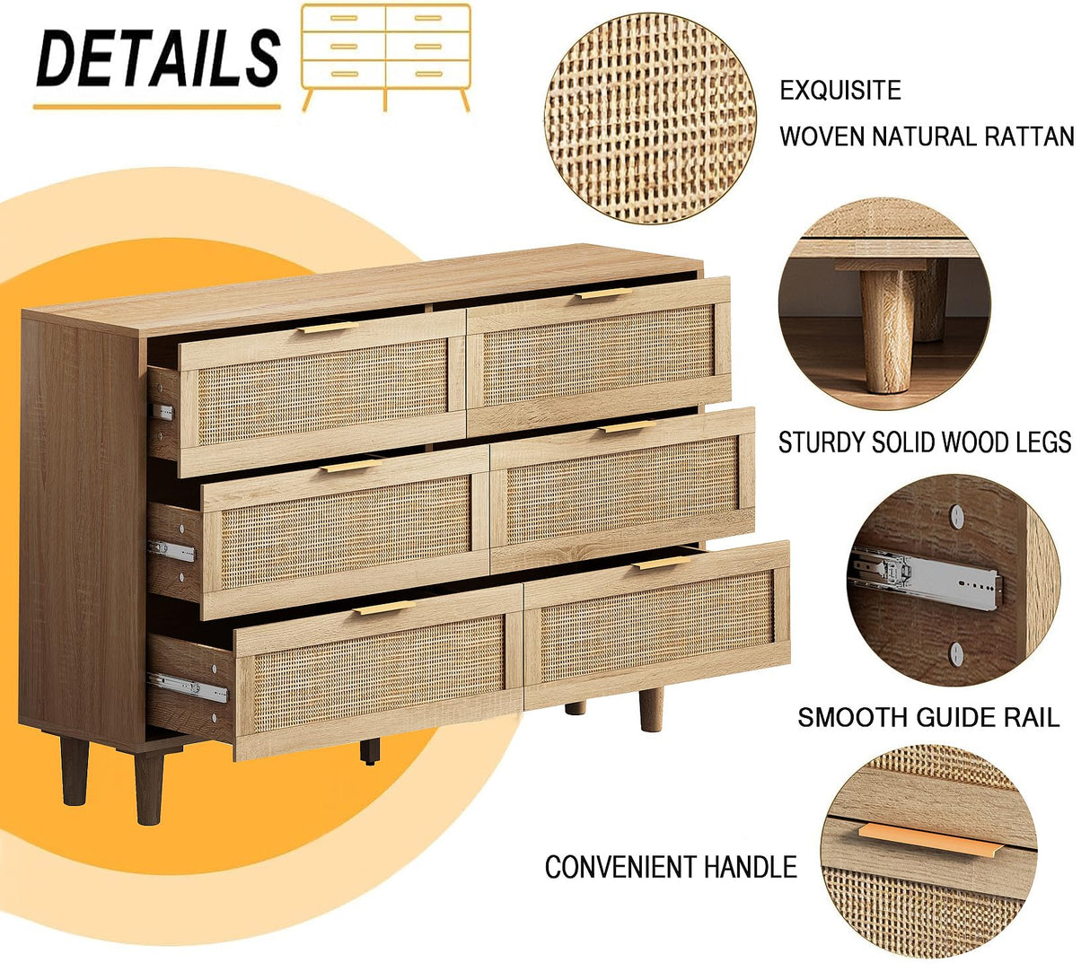 6 Drawer Double Dresser for Bedroom,Natural Rattan Modern Drawer Chest,Wooden Storage Wardrobe Dresser with Gold Handles,Floor Standing Storage Cabinet, for Entrance,Living Room,Hallway-Natural Generic