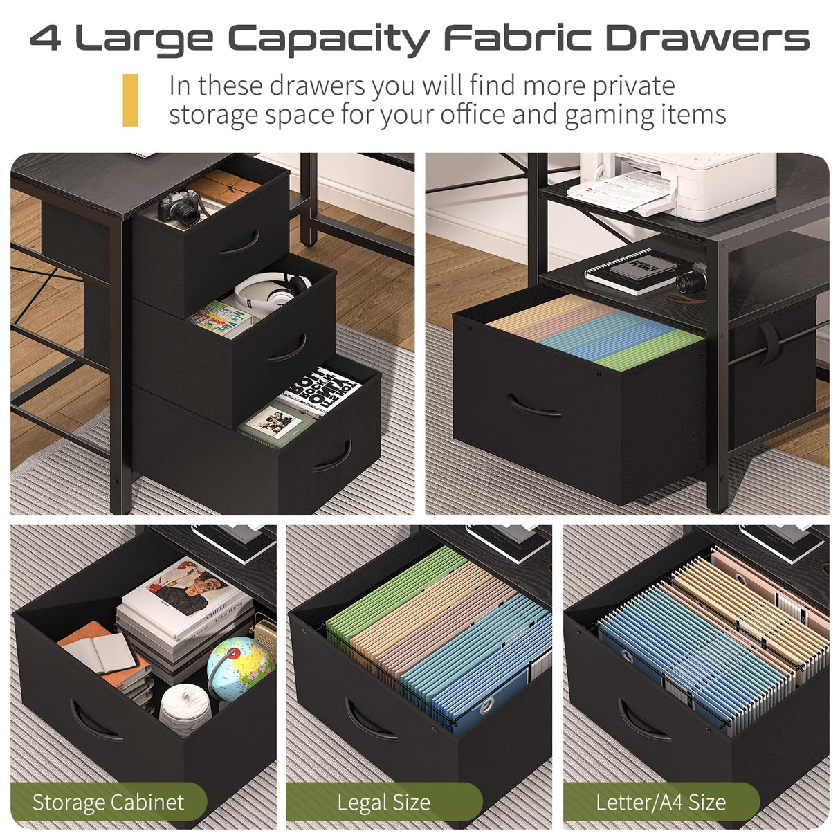 Yoobure L Shaped Desk with Drawers, Gaming Desk with LED Lights & Outlets, 75" Reversible Computer Desk with Storage File Cabinet & Printer Stand, Corner Desk Office Desk with Dual Monitor Stand Black Yoobure