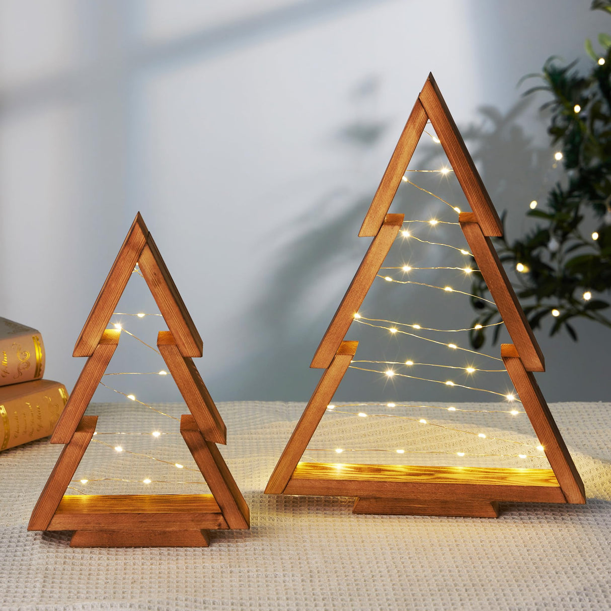 SOONOW Christmas Decorations, Wooden Christmas Tree, Tabletop Christmas Tree with Lights, Small Lighted Christmas Trees Decor for Table Top Mantle Shelf, 2 Pack (Large 14.2" H & Small 10.2" H) SOONOW