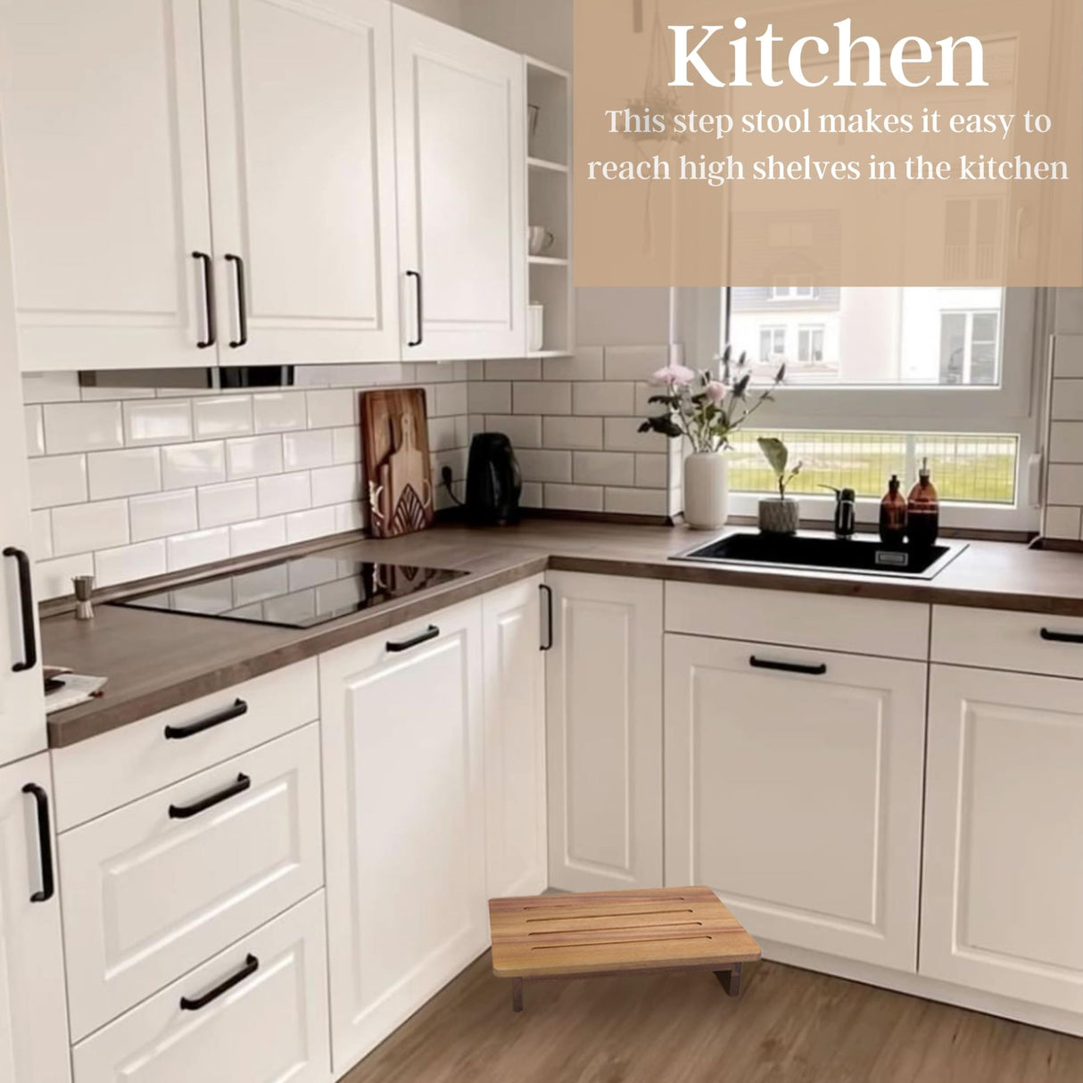 Perfnique Wooden Step Stool, 3.5" One Step Stool for Adults Kids, 200lb. Load Non-Slip Acacia Wood Step Stools for High Beds, One Step Ladder for Bedroom, Kitchen, Bathroom (Natural,3.5in) PERFNIQUE