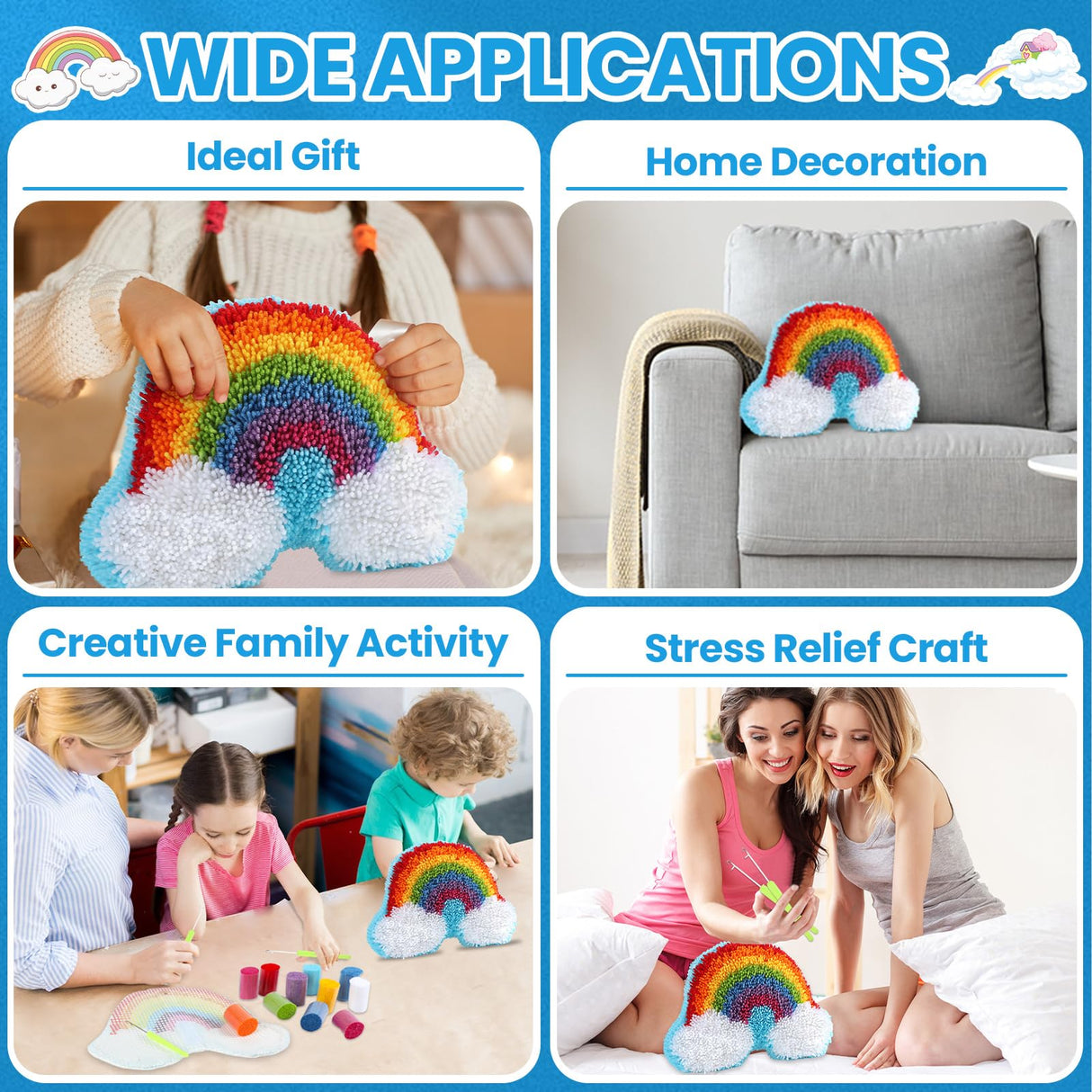 Rainbow Latch Hook Kit Rainbow Pillow DIY Craft Kit for Kids Making Your Own DIY Pillow Yarn Craft Kit for Girls Pattern Paint Cross Sewing Sofa Cushion Plush Gift for Kids Justforjoyful